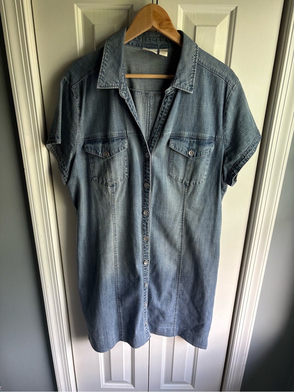 Chicos Denim Chambray Shirt Dress Button Front Western Coastal Cowgirl Size 3 XL